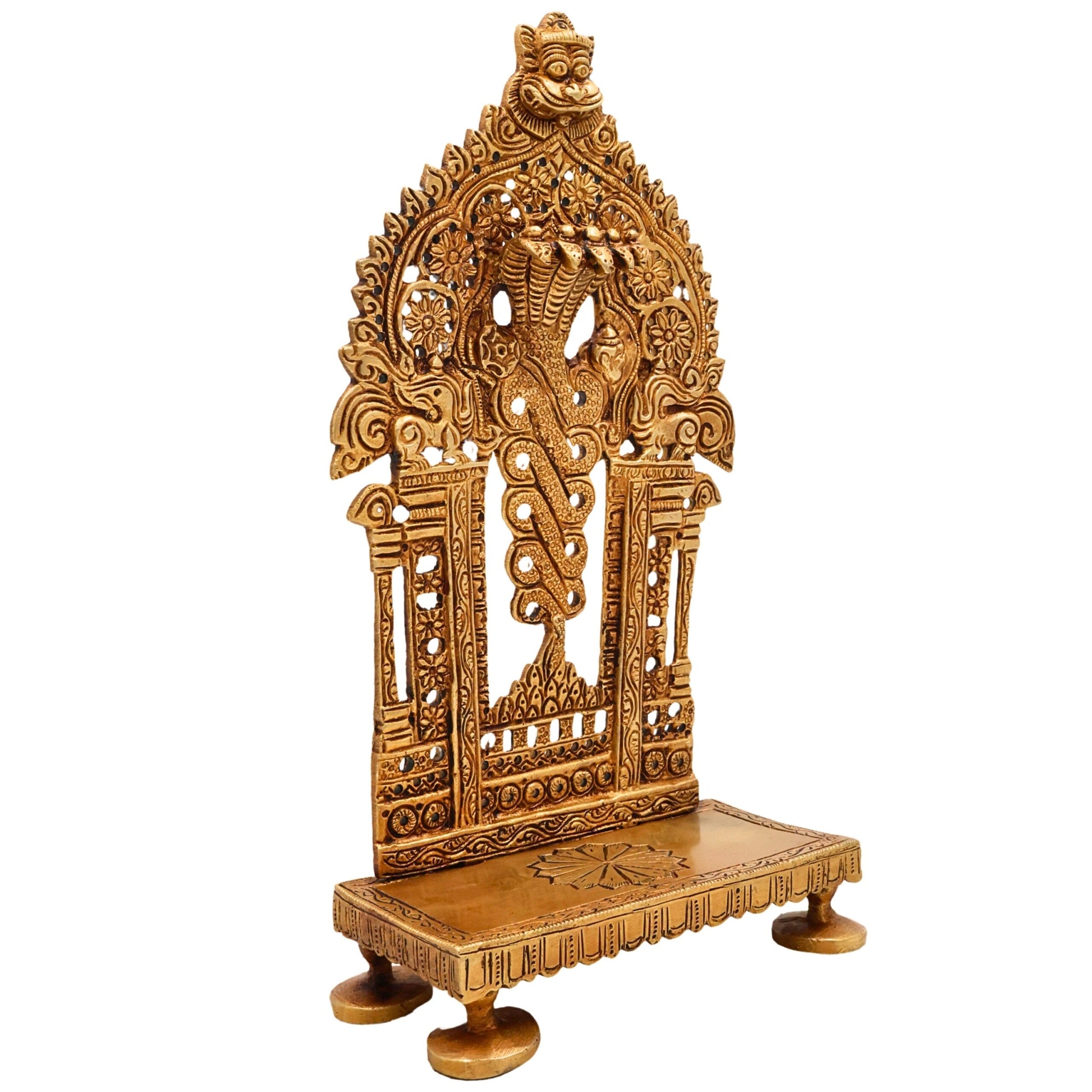 Brass Prabhavali Chowki, Singhasan Stand for Pooja Idols, Durable Brass Idol Seat for Mandir, Decorative Prabhavali Stand, Pooja Room Chowki for Temple Decor, Gold, 9.5 Inch, 1 Piece
