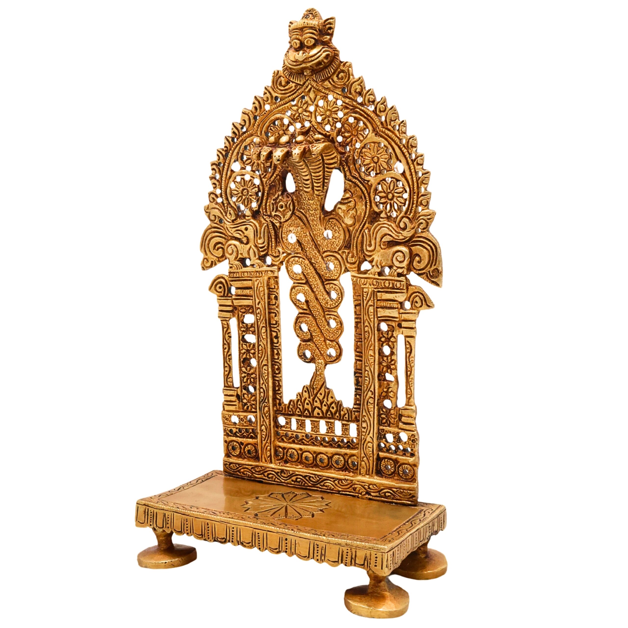 Brass Prabhavali Chowki, Singhasan Stand for Pooja Idols, Durable Brass Idol Seat for Mandir, Decorative Prabhavali Stand, Pooja Room Chowki for Temple Decor, Gold, 9.5 Inch, 1 Piece
