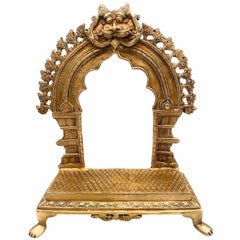 Bhunes Brass Deity Stand with Prabhavali and Chowki, Handcrafted Big Singhasan Peetha for God Idols & Mandir Setup, Gold, 17.5 Inch, 1 Piece