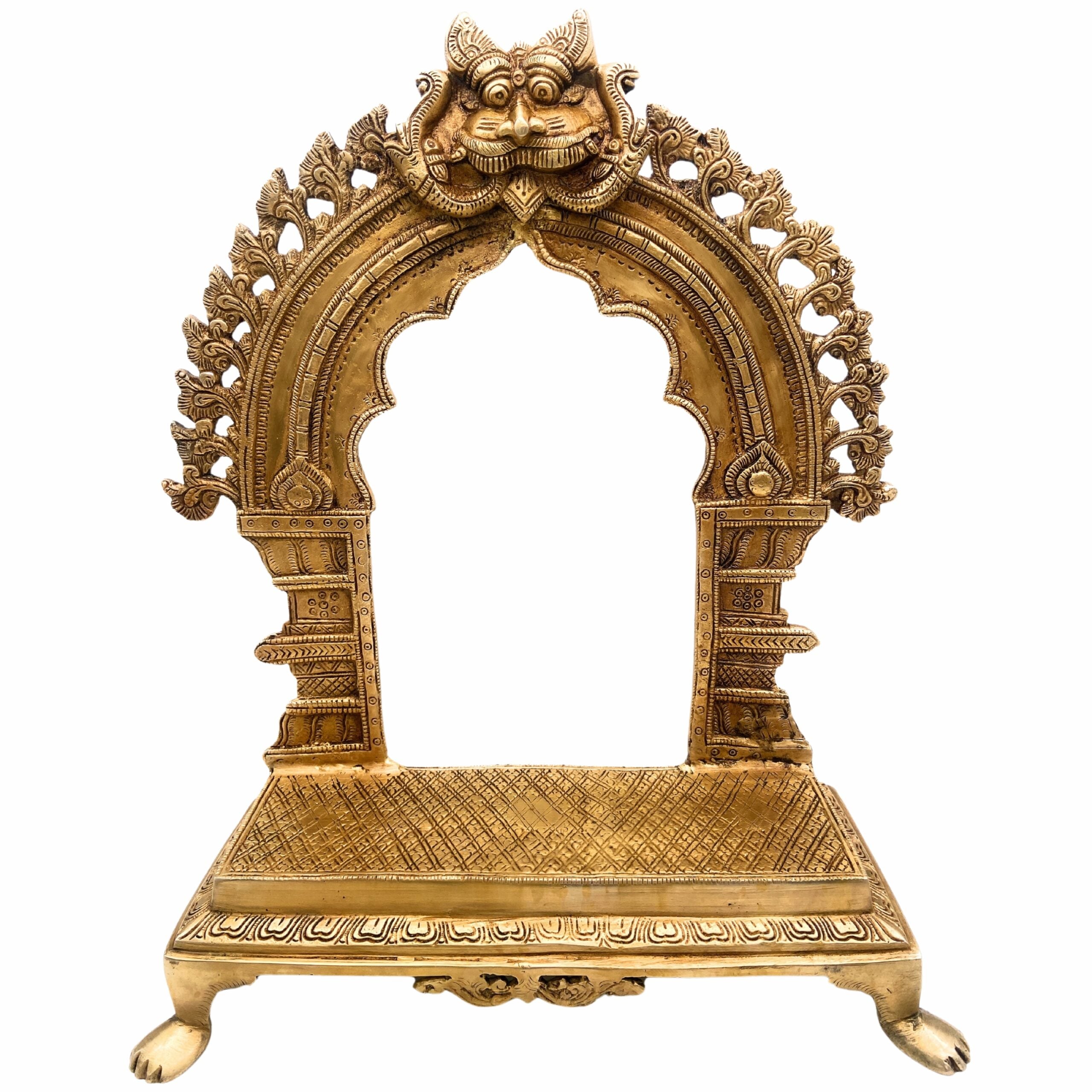 Bhunes Brass Deity Stand with Prabhavali and Chowki, Handcrafted Big Singhasan Peetha for God Idols & Mandir Setup, Gold, 17.5 Inch, 1 Piece