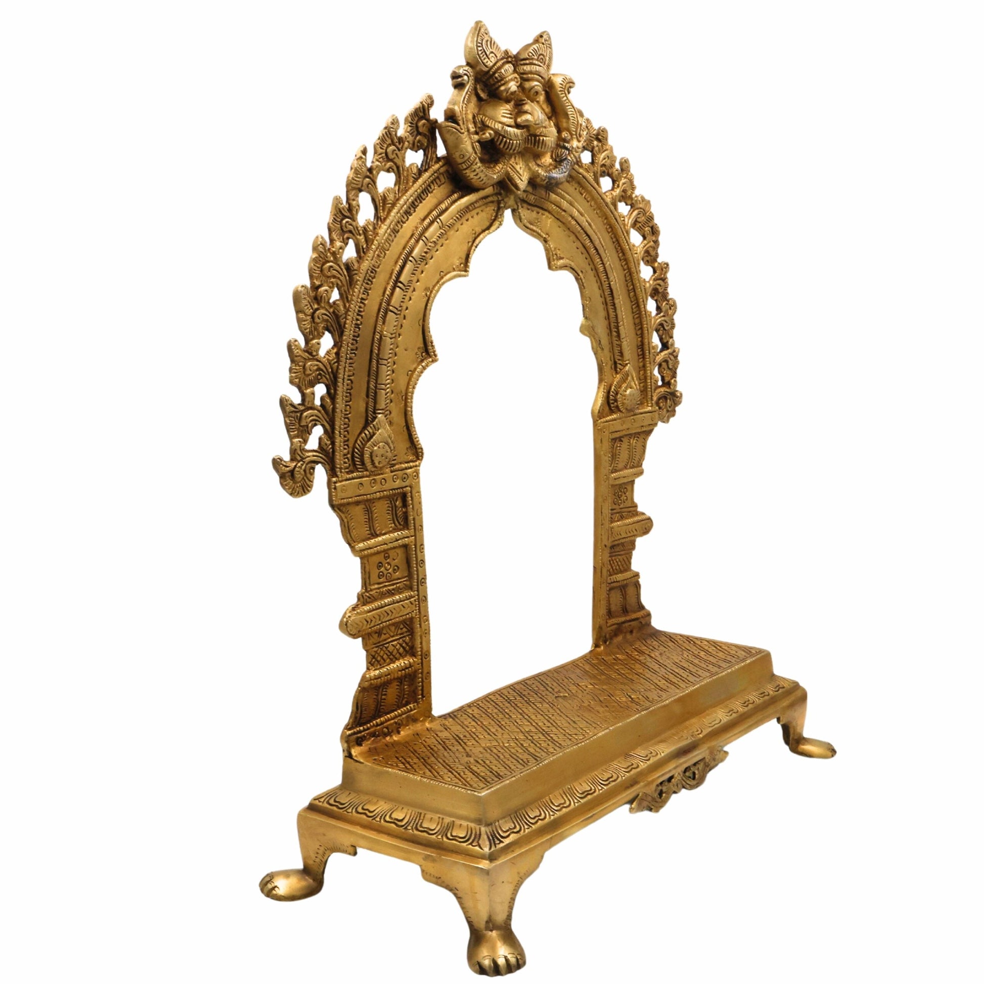 Bhunes Brass Deity Stand with Prabhavali and Chowki, Handcrafted Big Singhasan Peetha for God Idols & Mandir Setup, Gold, 17.5 Inch, 1 Piece