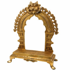 Bhunes Brass Deity Stand with Prabhavali and Chowki, Handcrafted Big Singhasan Peetha for God Idols & Mandir Setup, Gold, 17.5 Inch, 1 Piece