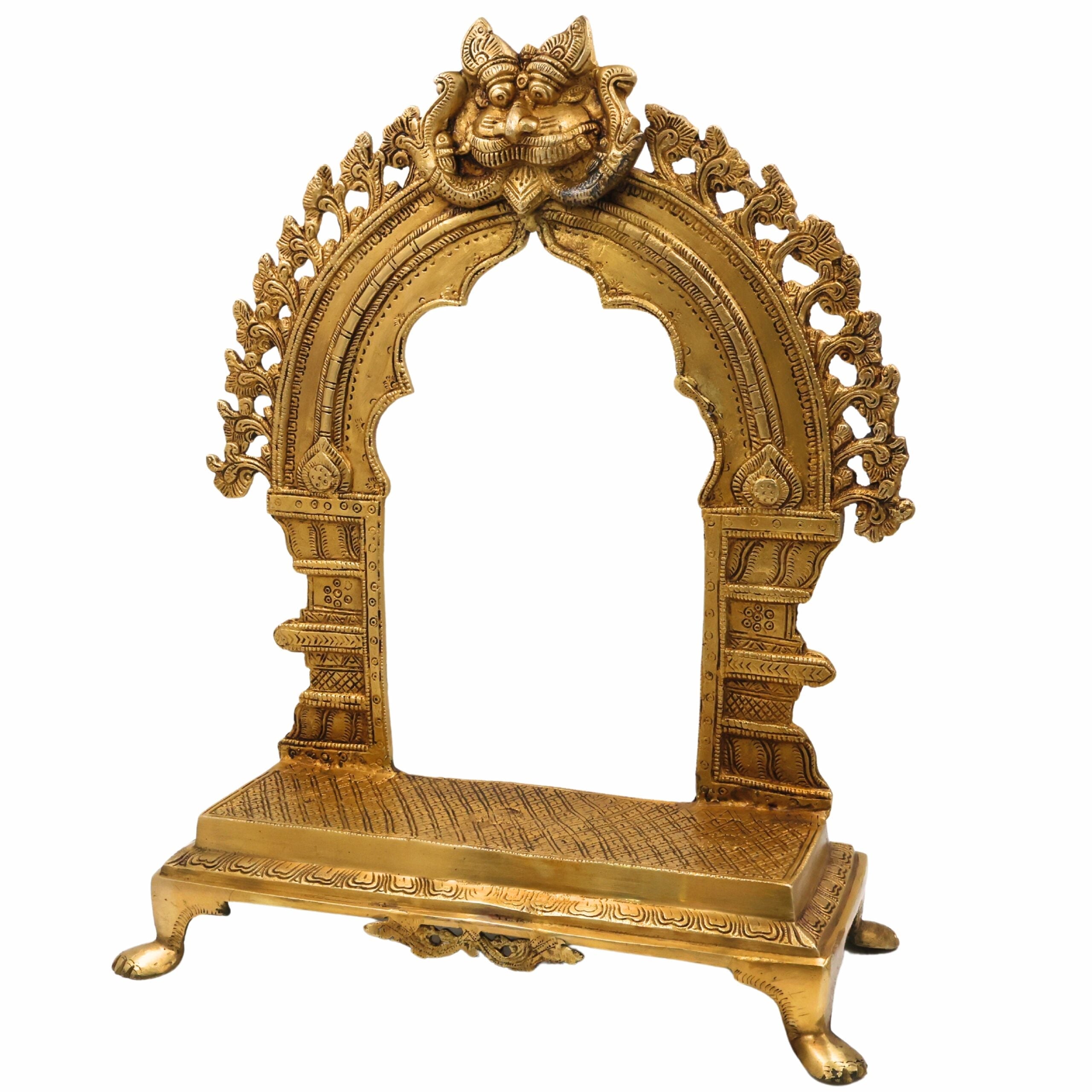 Bhunes Brass Deity Stand with Prabhavali and Chowki, Handcrafted Big Singhasan Peetha for God Idols & Mandir Setup, Gold, 17.5 Inch, 1 Piece