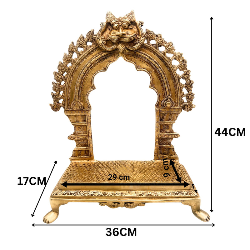 Bhunes Brass Deity Stand with Prabhavali and Chowki, Handcrafted Big Singhasan Peetha for God Idols & Mandir Setup, Gold, 17.5 Inch, 1 Piece