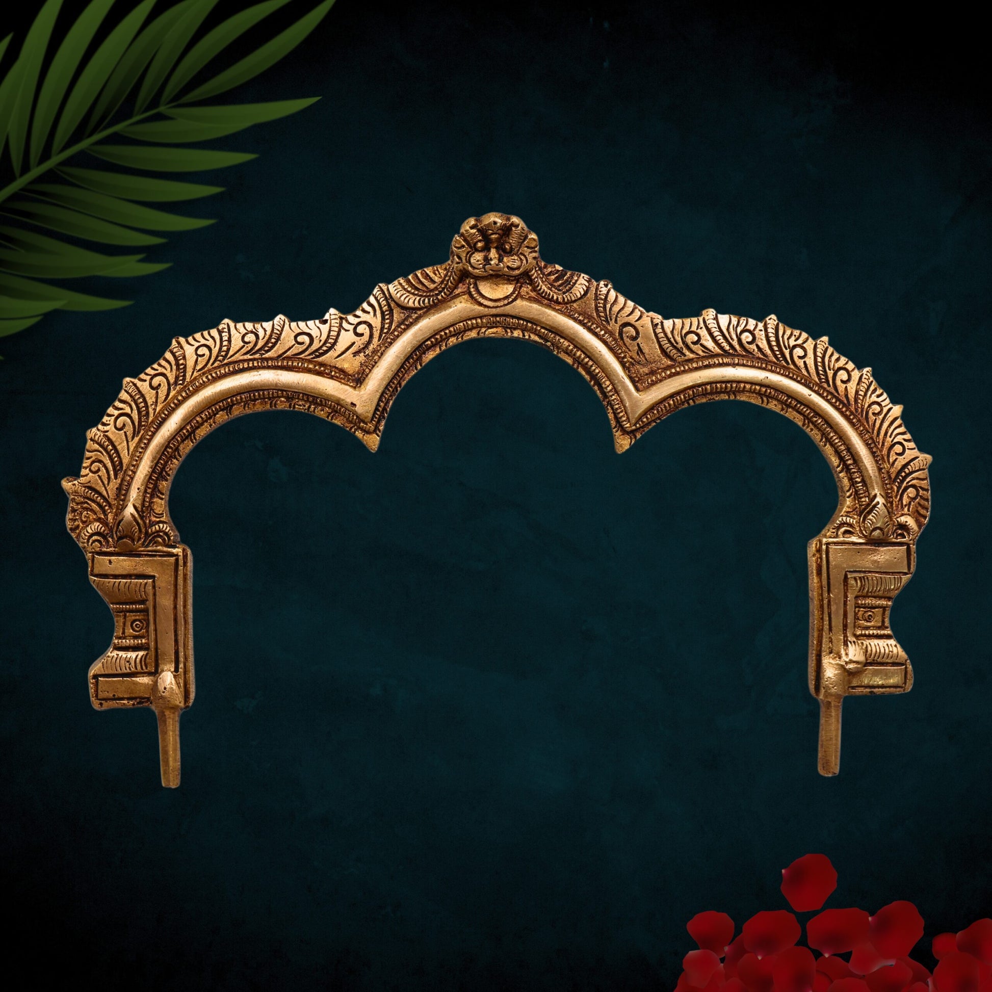 Bhunes Brass Prabhavali Arch Frame for Three Deities – Kirtimukha Tiruvachi Prabhawali Wall Hanging for Temple & Home Decor | Prabhaval Backdrop for Idols, Gold, 6.5 Inch, 1 Piece