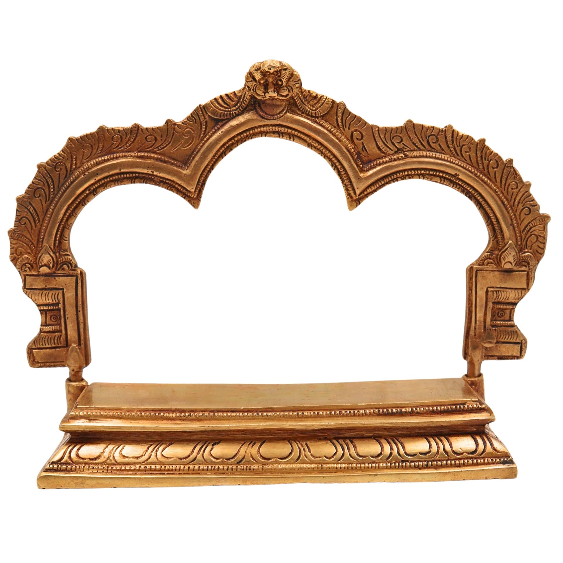 Bhunes Brass Deity Singhasan with Prabhavali and Chowki, Handcrafted Temple Bajot for Idols & Pooja Room, Gold, 7 Inch, 1 Piece