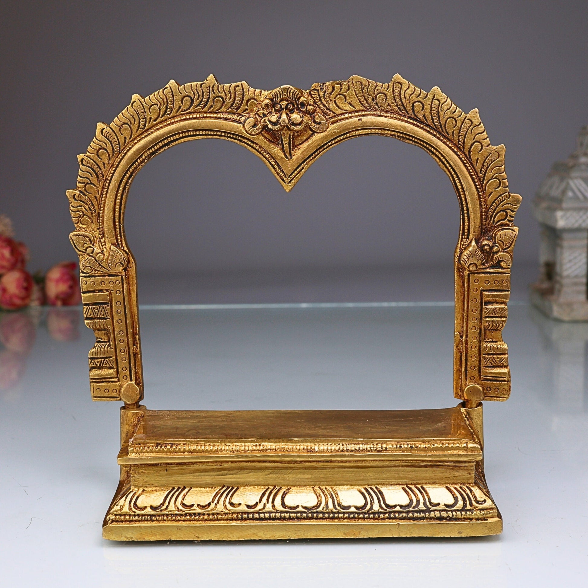 Brass Chowki With Prabhavali, Singhasan Peetha With Arch, Brass Deity Stand for Puja Mandir, Sinhasan, Temple Altar Decor, Gold, 6.5 Inch, 1 Piece