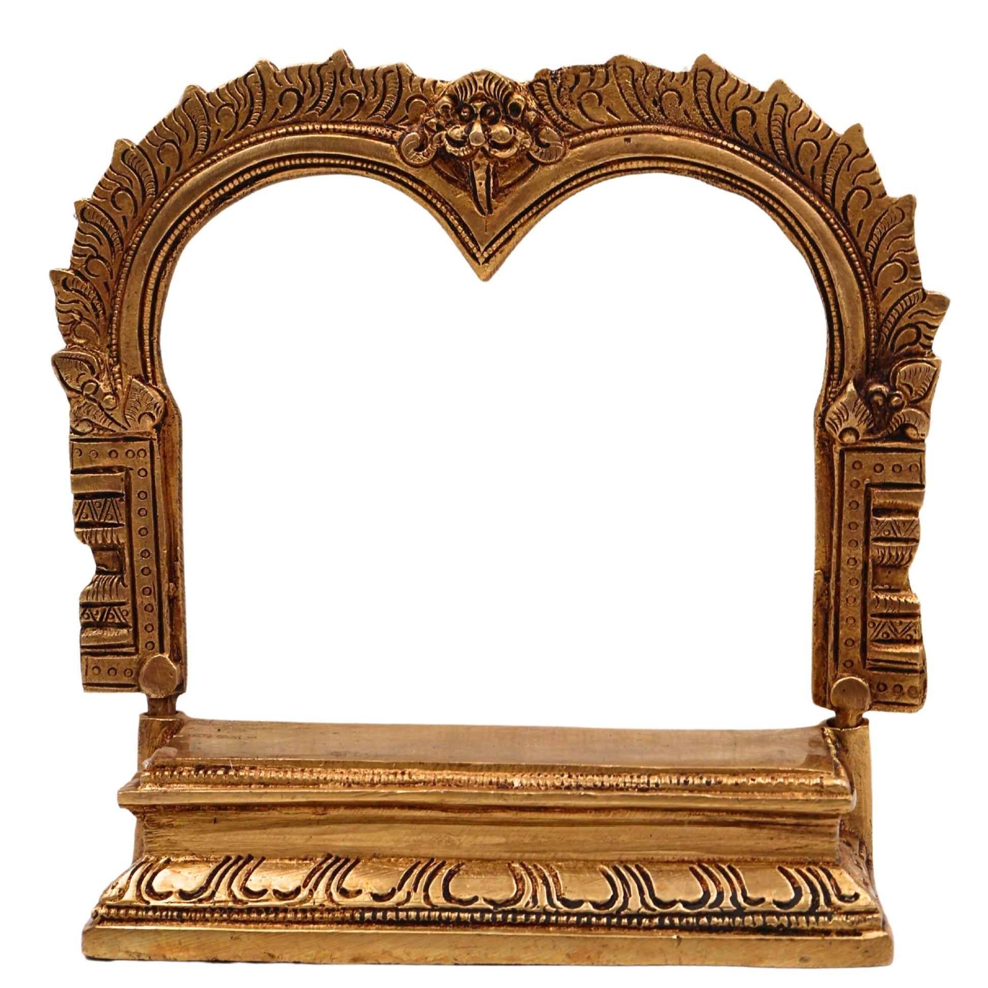 Brass Chowki With Prabhavali, Singhasan Peetha With Arch, Brass Deity Stand for Puja Mandir, Sinhasan, Temple Altar Decor, Gold, 6.5 Inch, 1 Piece