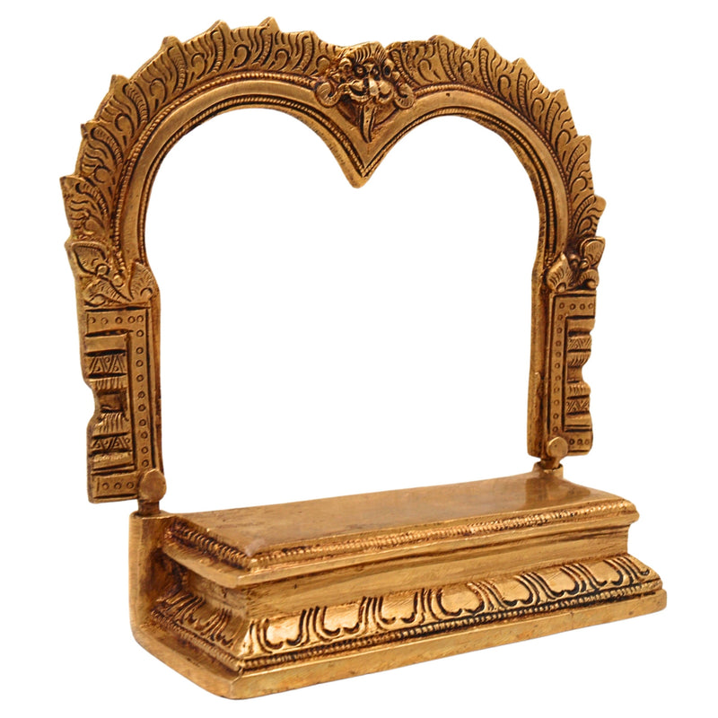 Brass Chowki With Prabhavali, Singhasan Peetha With Arch, Brass Deity Stand for Puja Mandir, Sinhasan, Temple Altar Decor, Gold, 6.5 Inch, 1 Piece