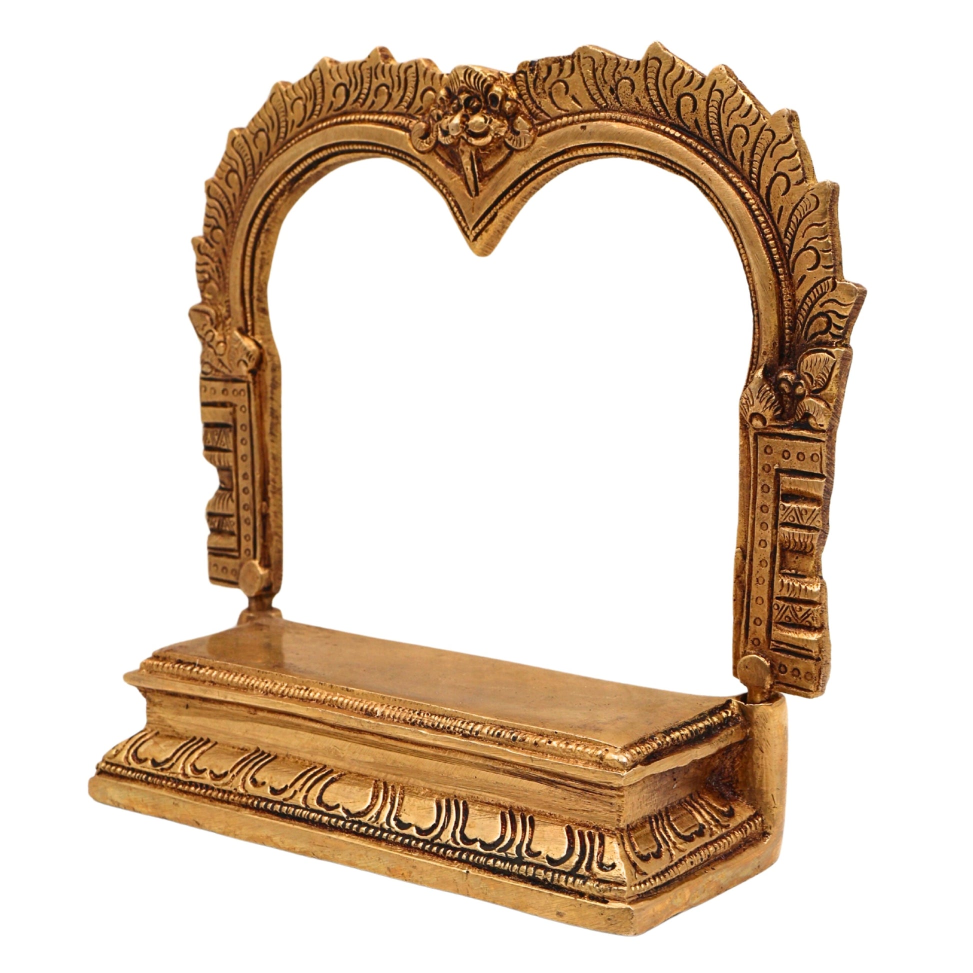 Brass Chowki With Prabhavali, Singhasan Peetha With Arch, Brass Deity Stand for Puja Mandir, Sinhasan, Temple Altar Decor, Gold, 6.5 Inch, 1 Piece