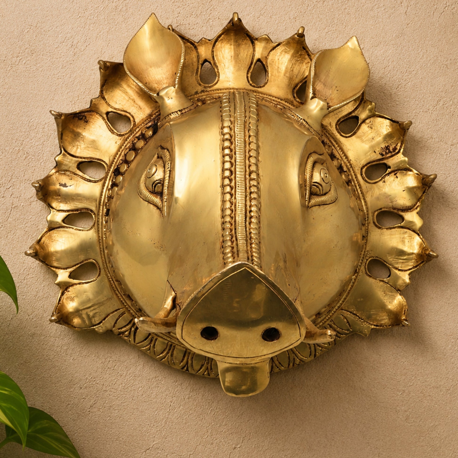 Brass Varaha Head Idol, Varahadev Murti Wall Hanging, Boar Avatar Vishnu Statue, Peetal Varaha Pratima for Home Temple Decor & Gifts, Gold, 9 Inch, 1 Piece