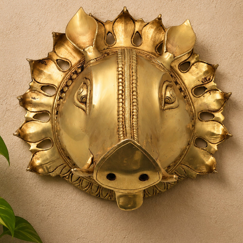 Brass Varaha Head Idol, Varahadev Murti Wall Hanging, Boar Avatar Vishnu Statue, Peetal Varaha Pratima for Home Temple Decor & Gifts, Gold, 9 Inch, 1 Piece