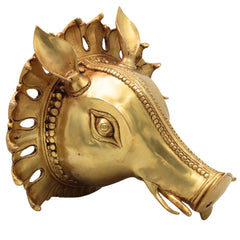 Brass Varaha Head Idol, Varahadev Murti Wall Hanging, Boar Avatar Vishnu Statue, Peetal Varaha Pratima for Home Temple Decor & Gifts, Gold, 9 Inch, 1 Piece