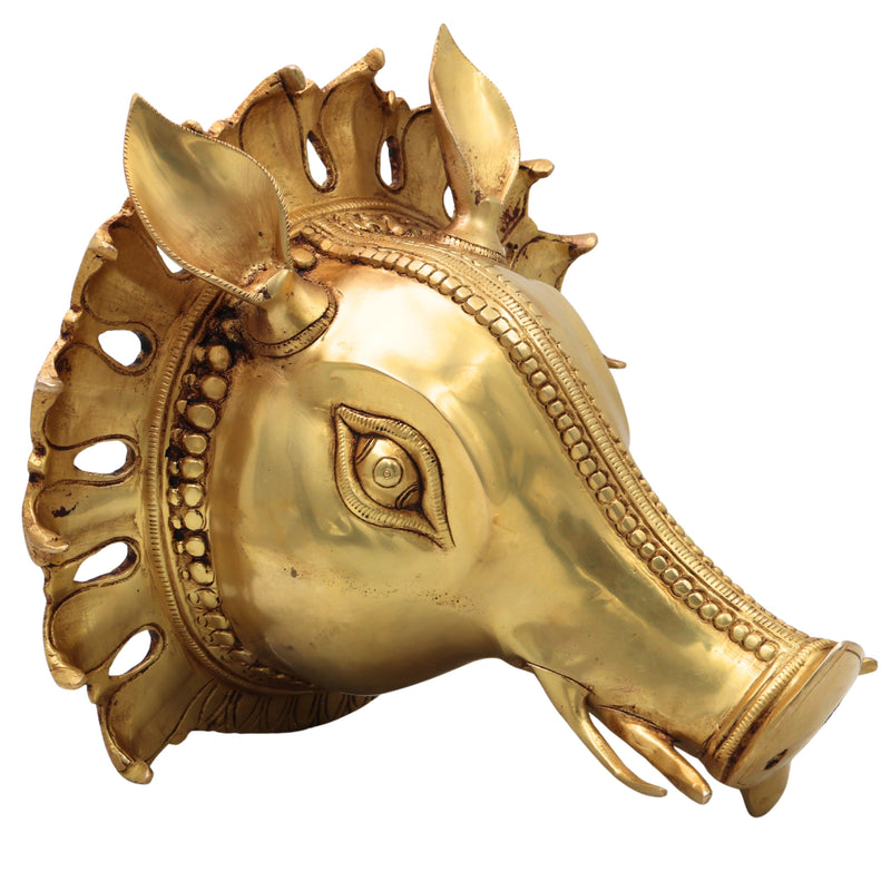 Brass Varaha Head Idol, Varahadev Murti Wall Hanging, Boar Avatar Vishnu Statue, Peetal Varaha Pratima for Home Temple Decor & Gifts, Gold, 9 Inch, 1 Piece