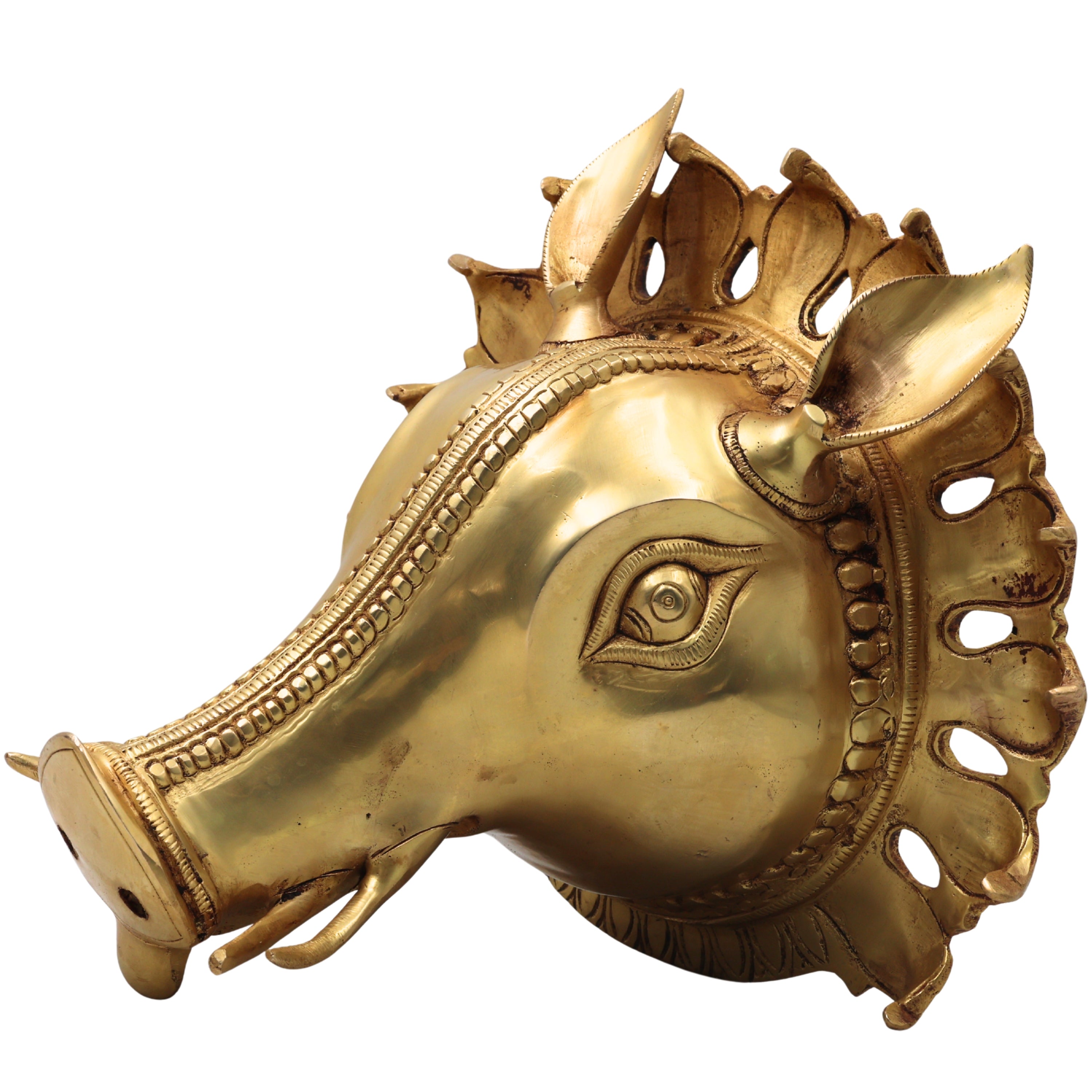 Brass Varaha Head Idol, Varahadev Murti Wall Hanging, Boar Avatar Vishnu Statue, Peetal Varaha Pratima for Home Temple Decor & Gifts, Gold, 9 Inch, 1 Piece