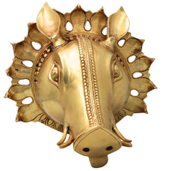Brass Varaha Head Idol, Varahadev Murti Wall Hanging, Boar Avatar Vishnu Statue, Peetal Varaha Pratima for Home Temple Decor & Gifts, Gold, 9 Inch, 1 Piece