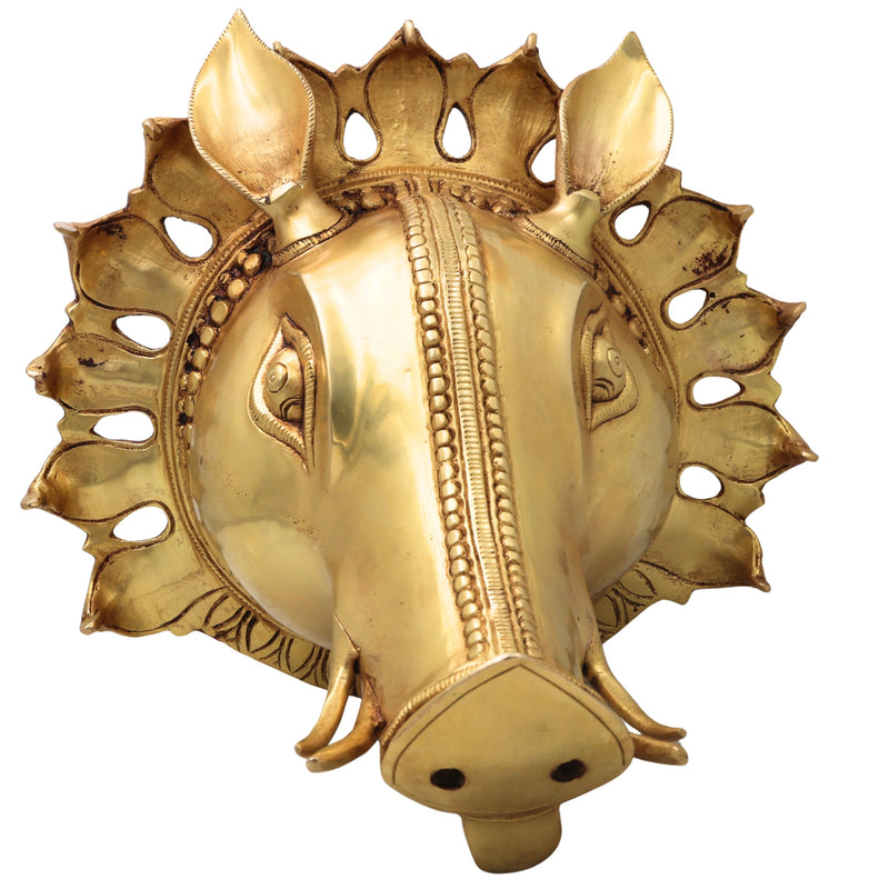 Brass Varaha Head Idol, Varahadev Murti Wall Hanging, Boar Avatar Vishnu Statue, Peetal Varaha Pratima for Home Temple Decor & Gifts, Gold, 9 Inch, 1 Piece