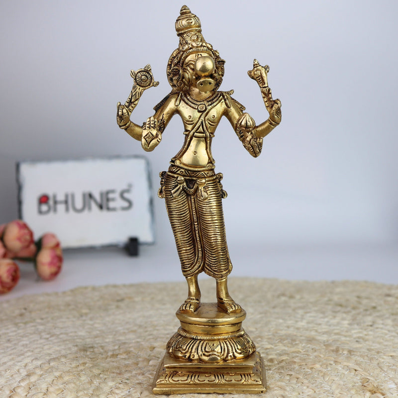 Brass Standing Varaha Swamy Idol Holding Prithvi (Bhu) – Handcrafted Vishnu Statue for Home & Temple Worship, Gold, 9 Inch, 1 Piece