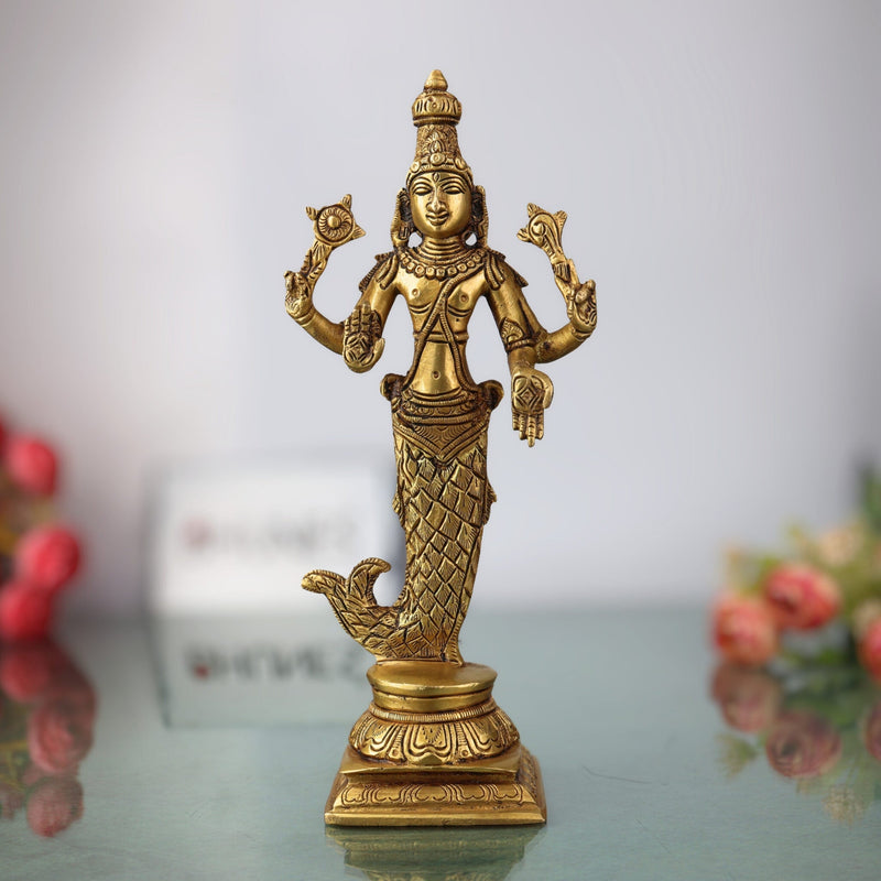 Brass Vishnu Matsya Avatar Idol – Matsyavatara Murti, Meeneshwara, Matsya Narayan, Pital Vigraha Statue for Puja, Home Decor & Gifts, Gold, 9 Inch, 1 Piece