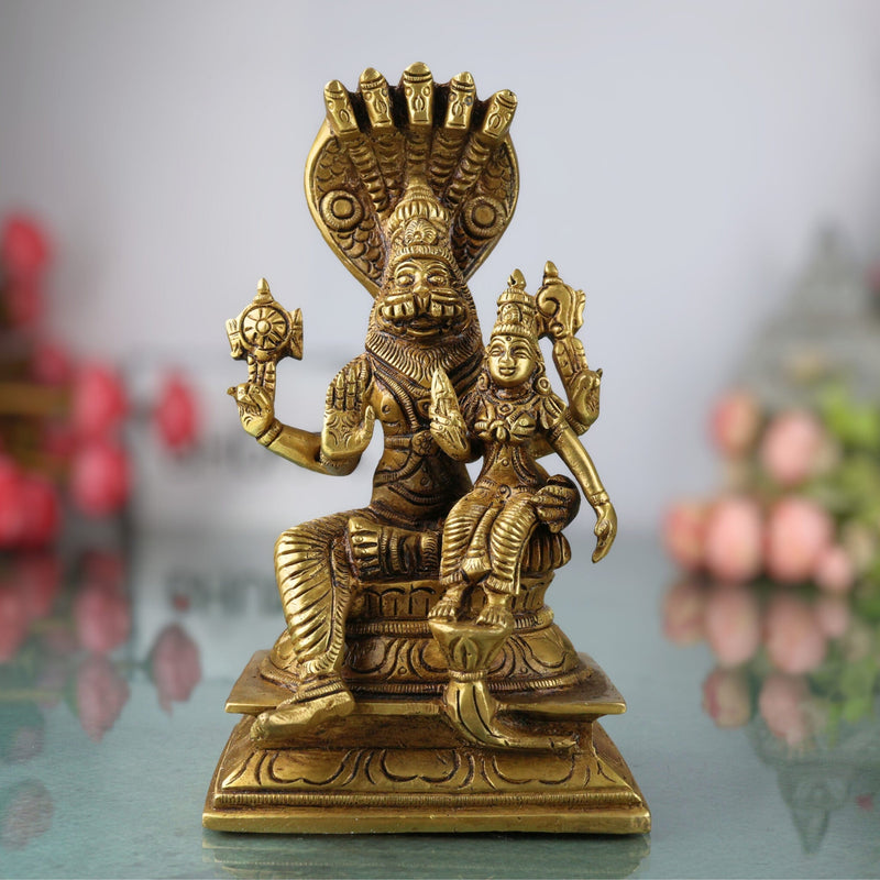 Brass Lakshmi Narasimha Swamy Idol | Yoga Narasimha Murti | Nrisimha Deva Statue | Ugra Narasimha Vigraham | Lord Narasingha Perumal Brass Idol for Puja, Temple & Home Decor, Gold, 7.5 Inch, 1 Piece