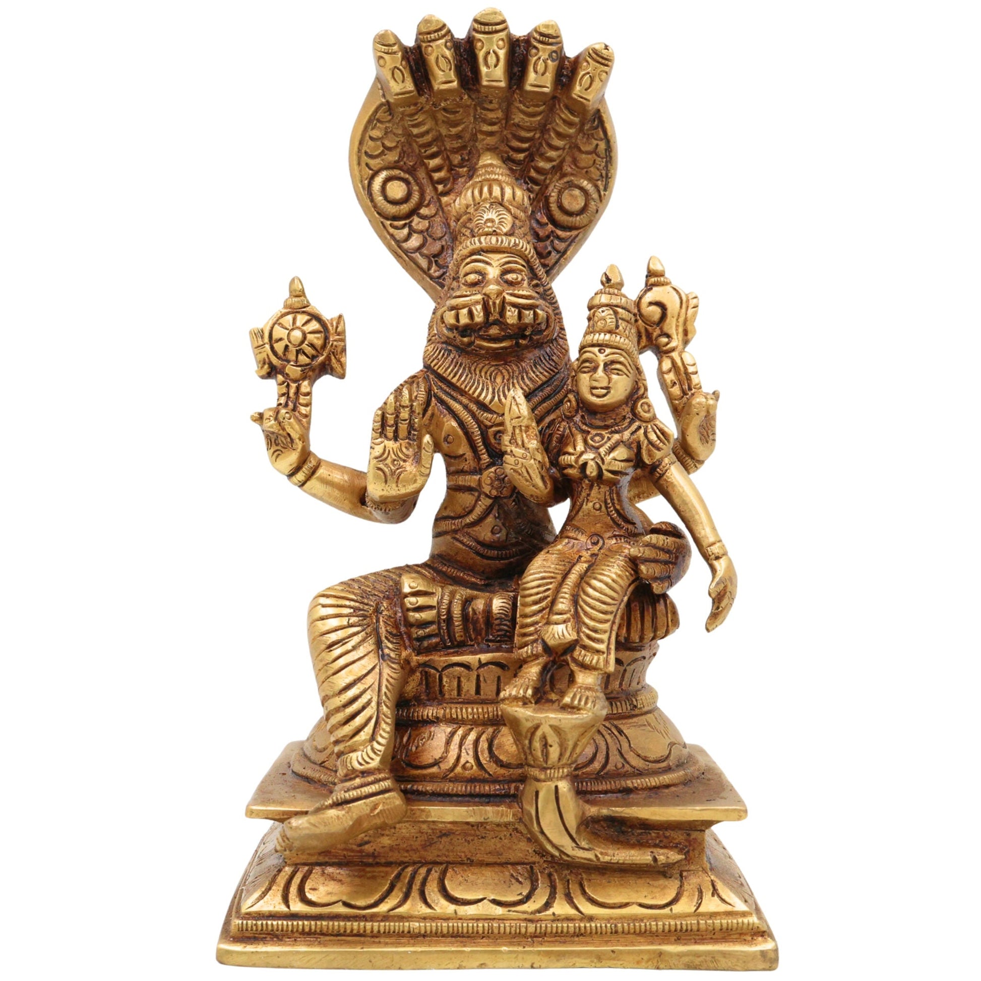 Brass Lakshmi Narasimha Swamy Idol | Yoga Narasimha Murti | Nrisimha Deva Statue | Ugra Narasimha Vigraham | Lord Narasingha Perumal Brass Idol for Puja, Temple & Home Decor, Gold, 7.5 Inch, 1 Piece