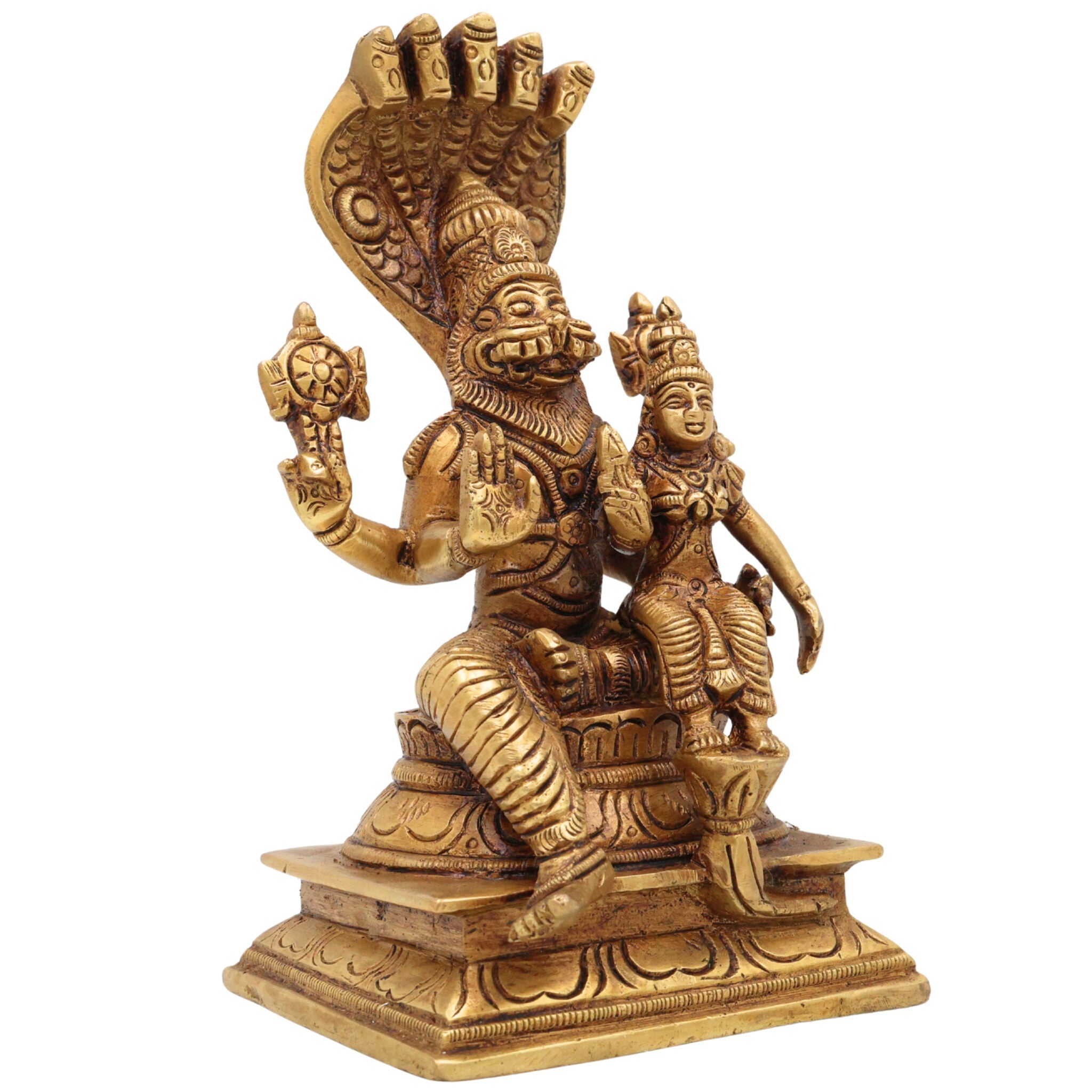 Brass Lakshmi Narasimha Swamy Idol | Yoga Narasimha Murti | Nrisimha Deva Statue | Ugra Narasimha Vigraham | Lord Narasingha Perumal Brass Idol for Puja, Temple & Home Decor, Gold, 7.5 Inch, 1 Piece