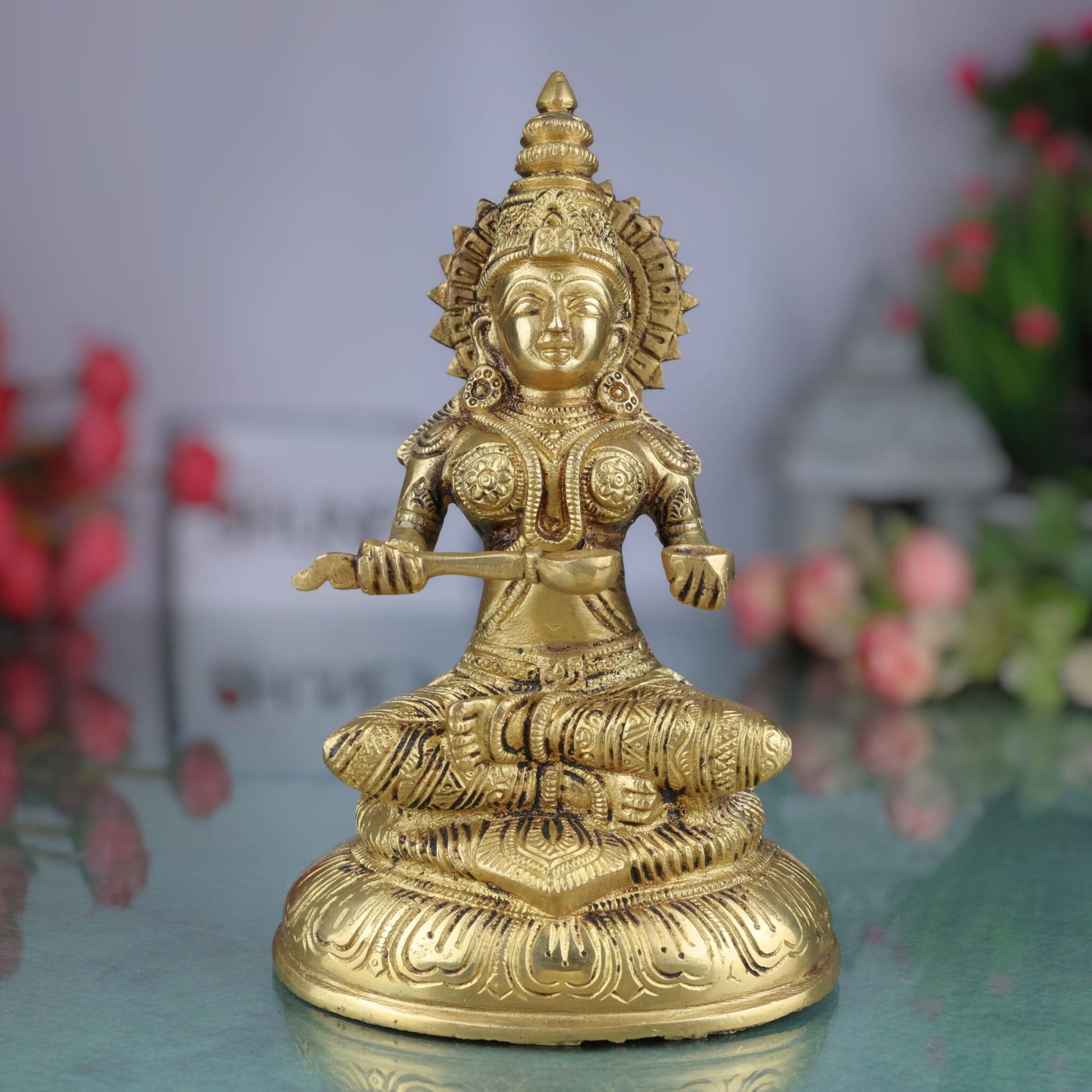 Brass Goddess Annapurna Devi Idol Annapurneshwari Annpurna Annapoorneshwari Annaporna Murti, Gold, 8 Inch, 1 Piece