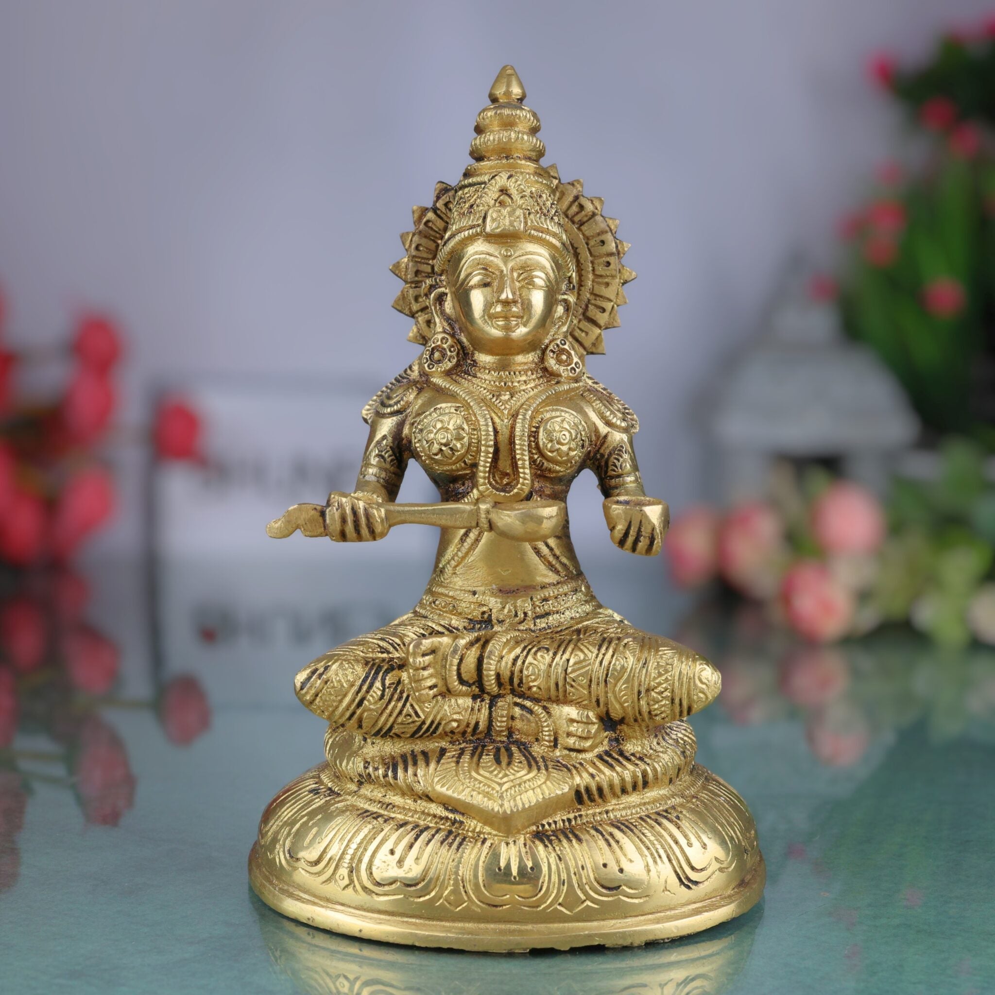 Brass Goddess Annapurna Devi Idol Annapurneshwari Annpurna Annapoorneshwari Annaporna Murti, Gold, 8 Inch, 1 Piece