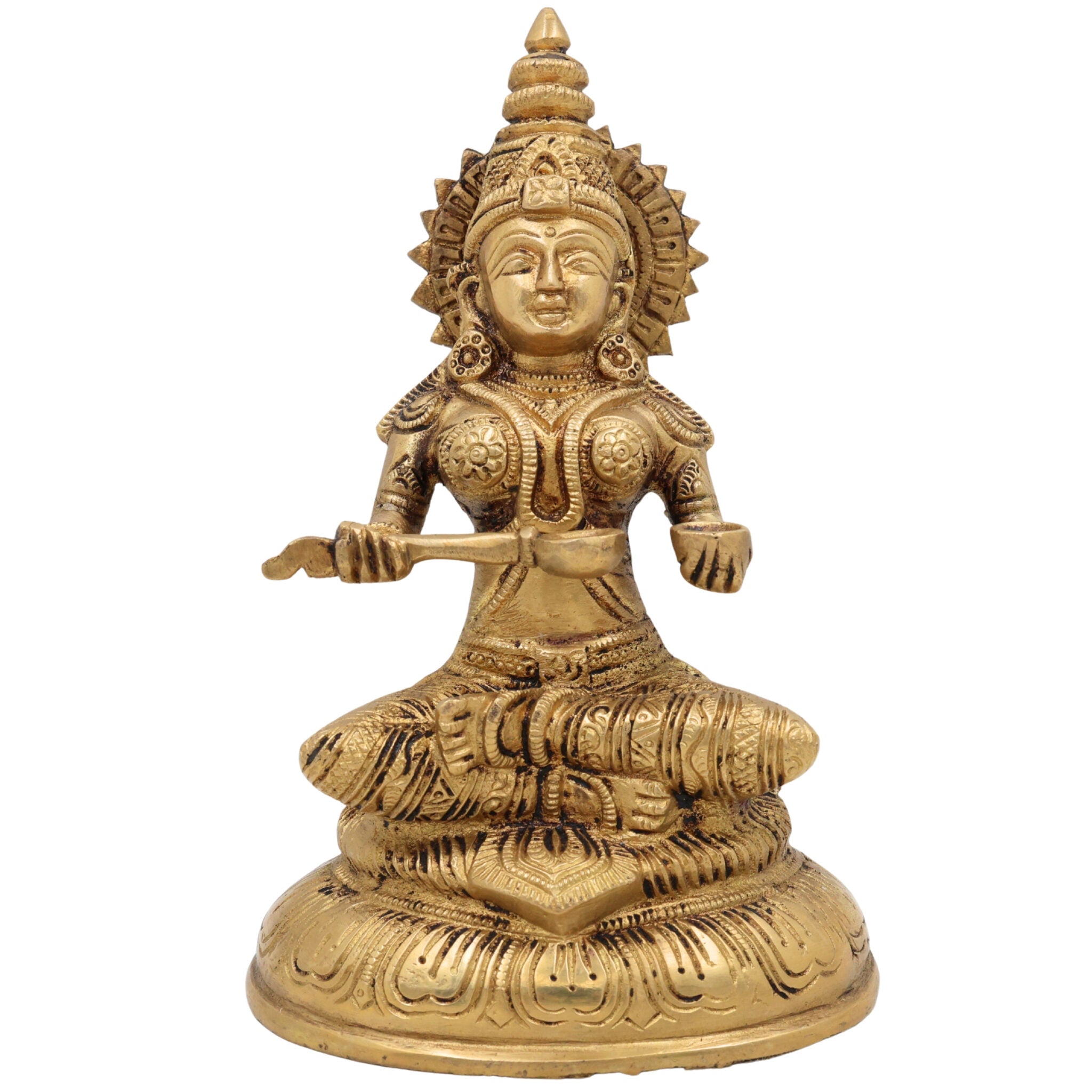 Brass Goddess Annapurna Devi Idol Annapurneshwari Annpurna Annapoorneshwari Annaporna Murti, Gold, 8 Inch, 1 Piece