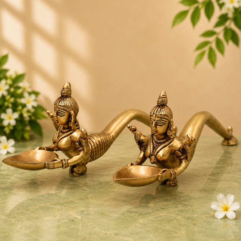 Handcrafted Traditional Brass Aarti Lamp Set of 2 for Pooja, Temple, Home Decor, Deepa Aradhana & Gifting, Gold, 3 Inch, 1 Piece