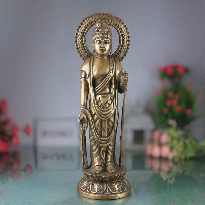Brass Buddha Standing Idol, Gautama Buddha Murti, Meditating Lord Buddha Statue, Dhyana Buddha Figurine for Home Decor, Pooja & Spiritual Gift, Gold, 16 Inch, 1 Piece