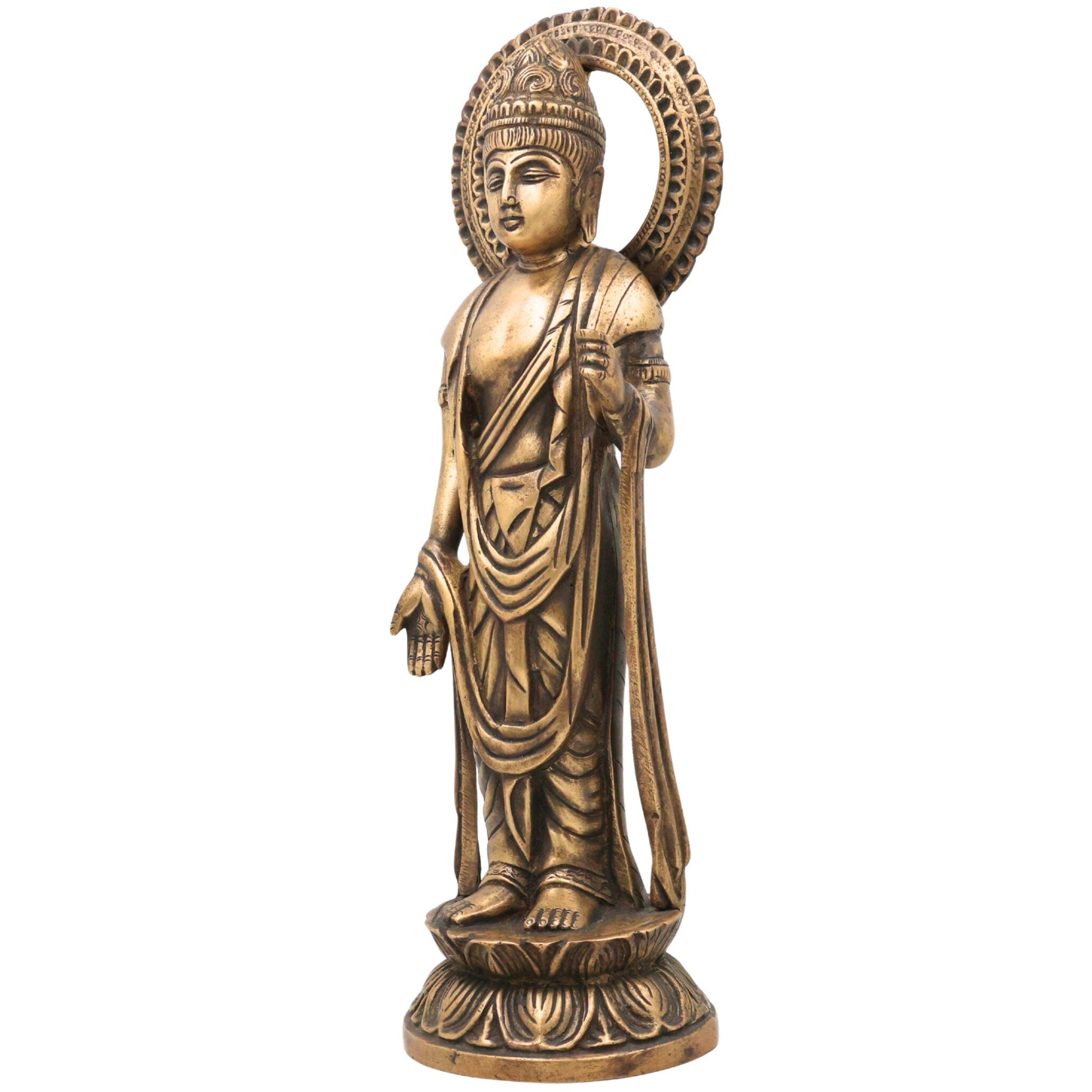 Brass Buddha Standing Idol, Gautama Buddha Murti, Meditating Lord Buddha Statue, Dhyana Buddha Figurine for Home Decor, Pooja & Spiritual Gift, Gold, 16 Inch, 1 Piece