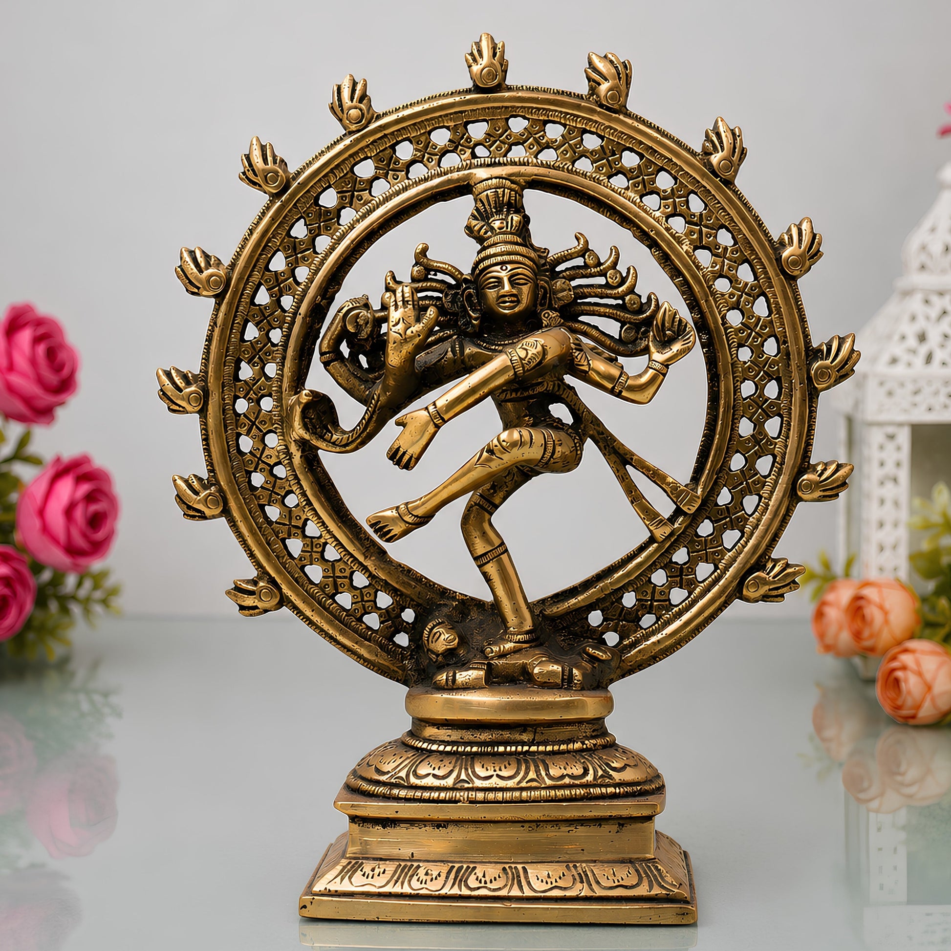 Brass Nataraja Idol, Shiv Natraj Statues, Dancing Nataraj, Hindu Dance God,Gold, 8.5 Inch, 1 Piece