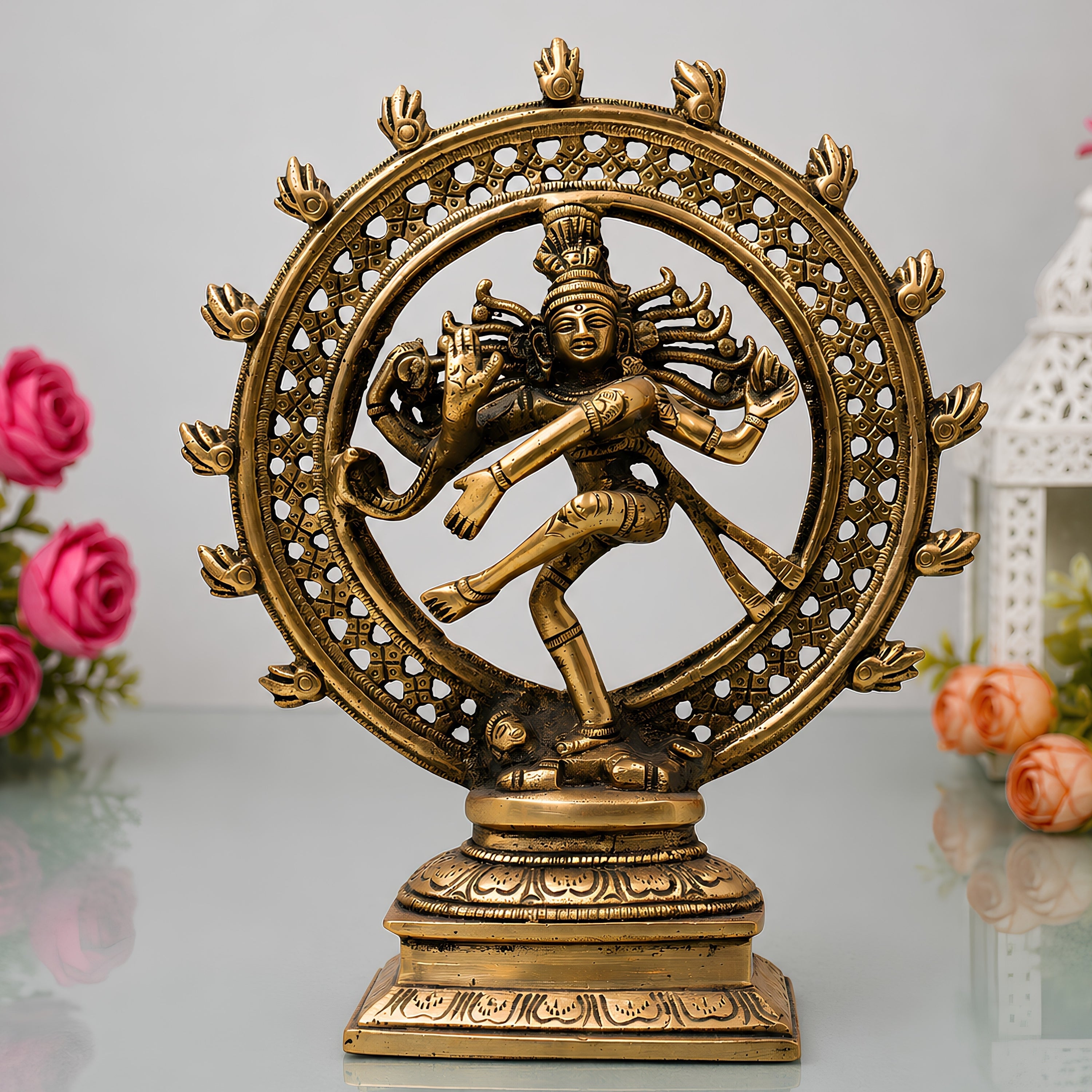 Brass Nataraja Idol, Shiv Natraj Statues, Dancing Nataraj, Hindu Dance God,Gold, 8.5 Inch, 1 Piece