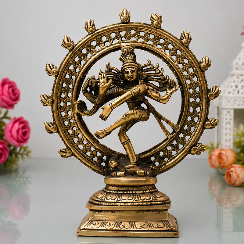 Brass Nataraja Idol, Shiv Natraj Statues, Dancing Nataraj, Hindu Dance God,Gold, 8.5 Inch, 1 Piece