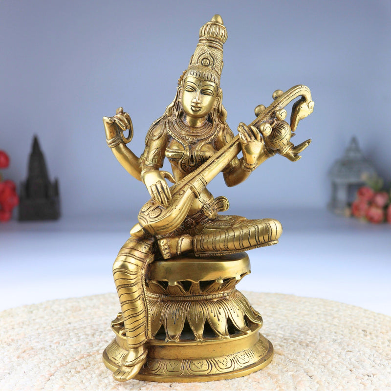 Brass Saraswati Idol Murti, Maa Sharada Vagdevi Statue, Veena Pustak Dharini Murti, Hindu Goddess of Knowledge, Wisdom & Learning, Handmade Home, Temple & Office Decor, Gold, 13 Inch, 1 Piece