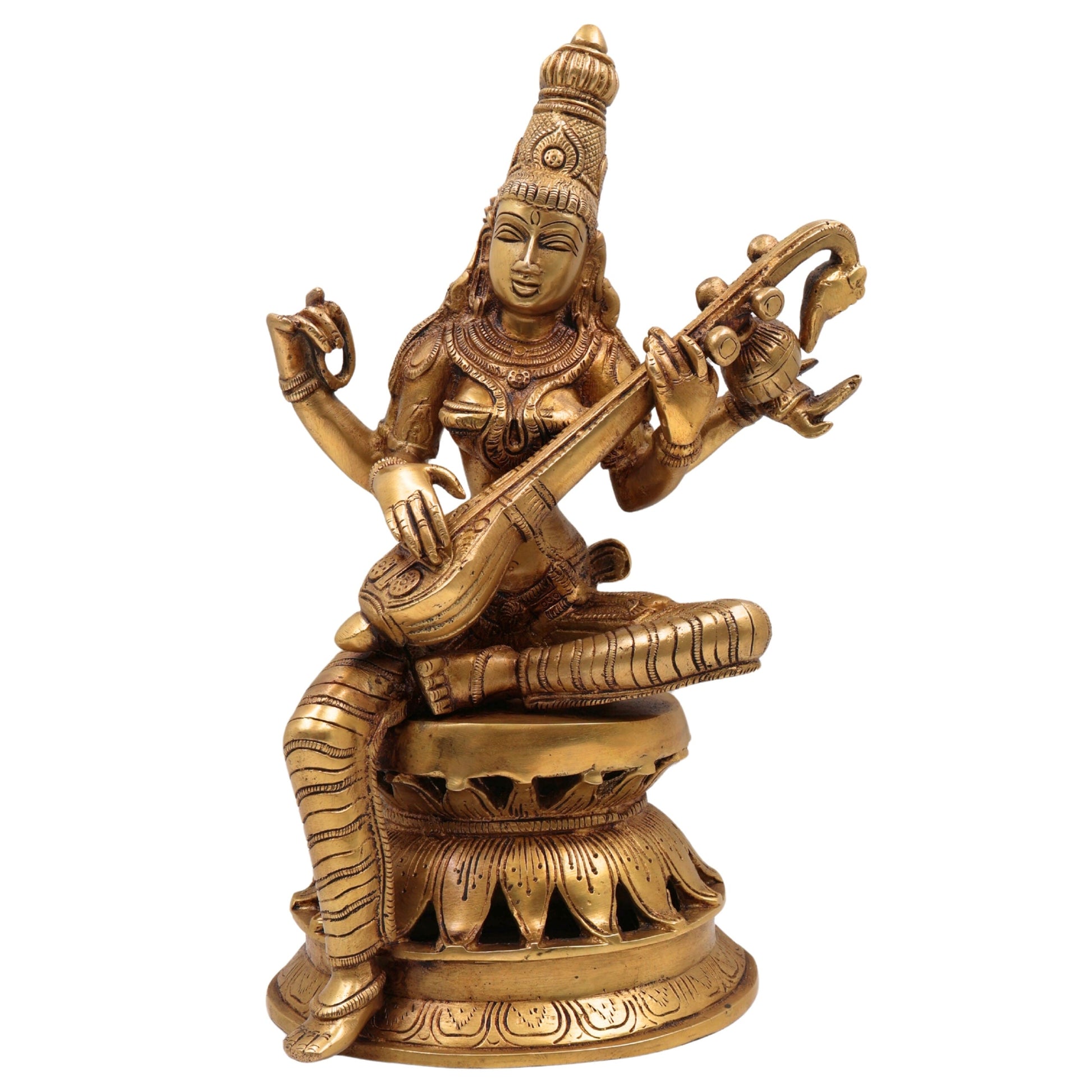 Brass Saraswati Idol Murti, Maa Sharada Vagdevi Statue, Veena Pustak Dharini Murti, Hindu Goddess of Knowledge, Wisdom & Learning, Handmade Home, Temple & Office Decor, Gold, 13 Inch, 1 Piece