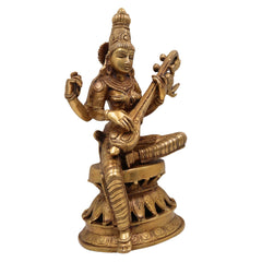 Brass Saraswati Idol Murti, Maa Sharada Vagdevi Statue, Veena Pustak Dharini Murti, Hindu Goddess of Knowledge, Wisdom & Learning, Handmade Home, Temple & Office Decor, Gold, 13 Inch, 1 Piece