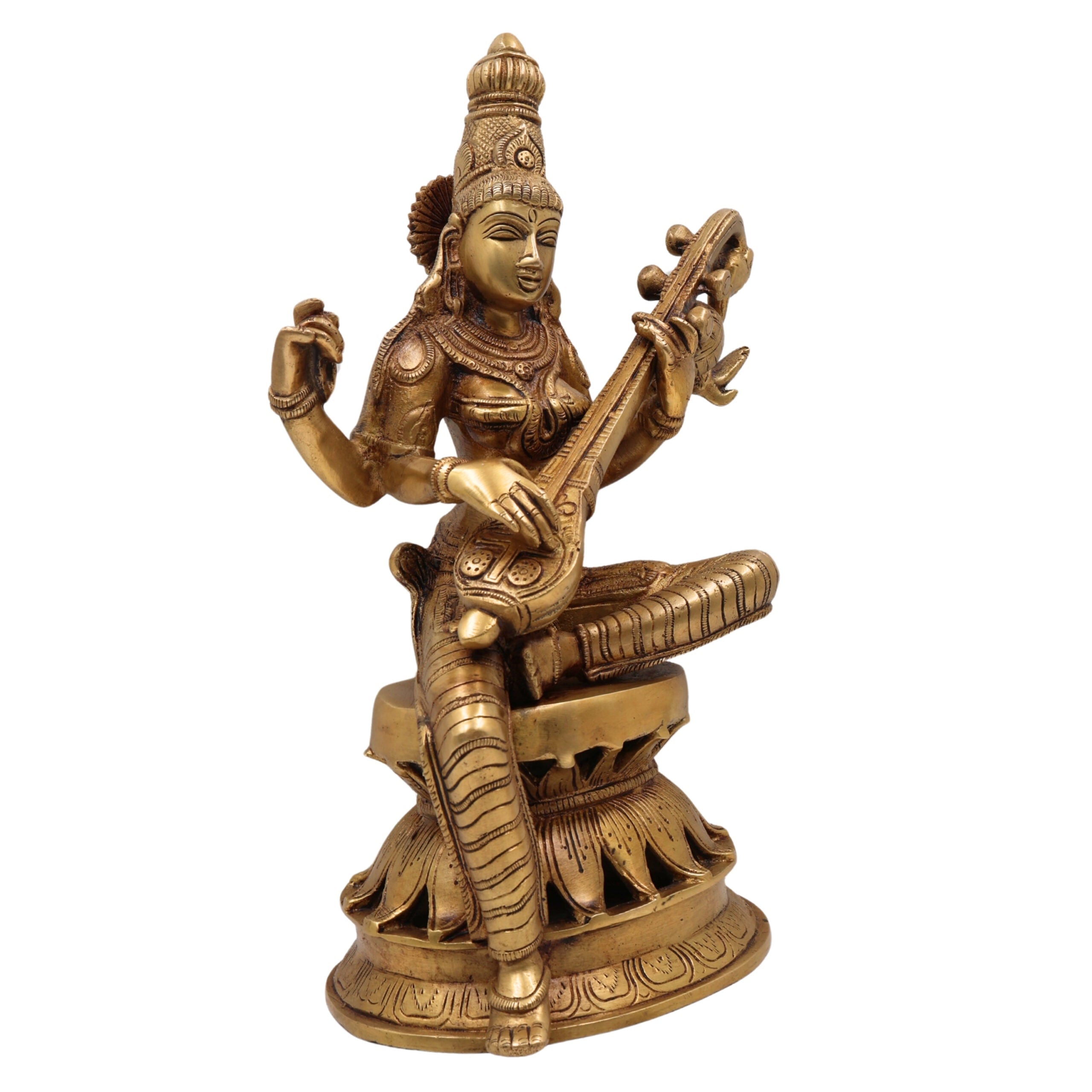 Brass Saraswati Idol Murti, Maa Sharada Vagdevi Statue, Veena Pustak Dharini Murti, Hindu Goddess of Knowledge, Wisdom & Learning, Handmade Home, Temple & Office Decor, Gold, 13 Inch, 1 Piece