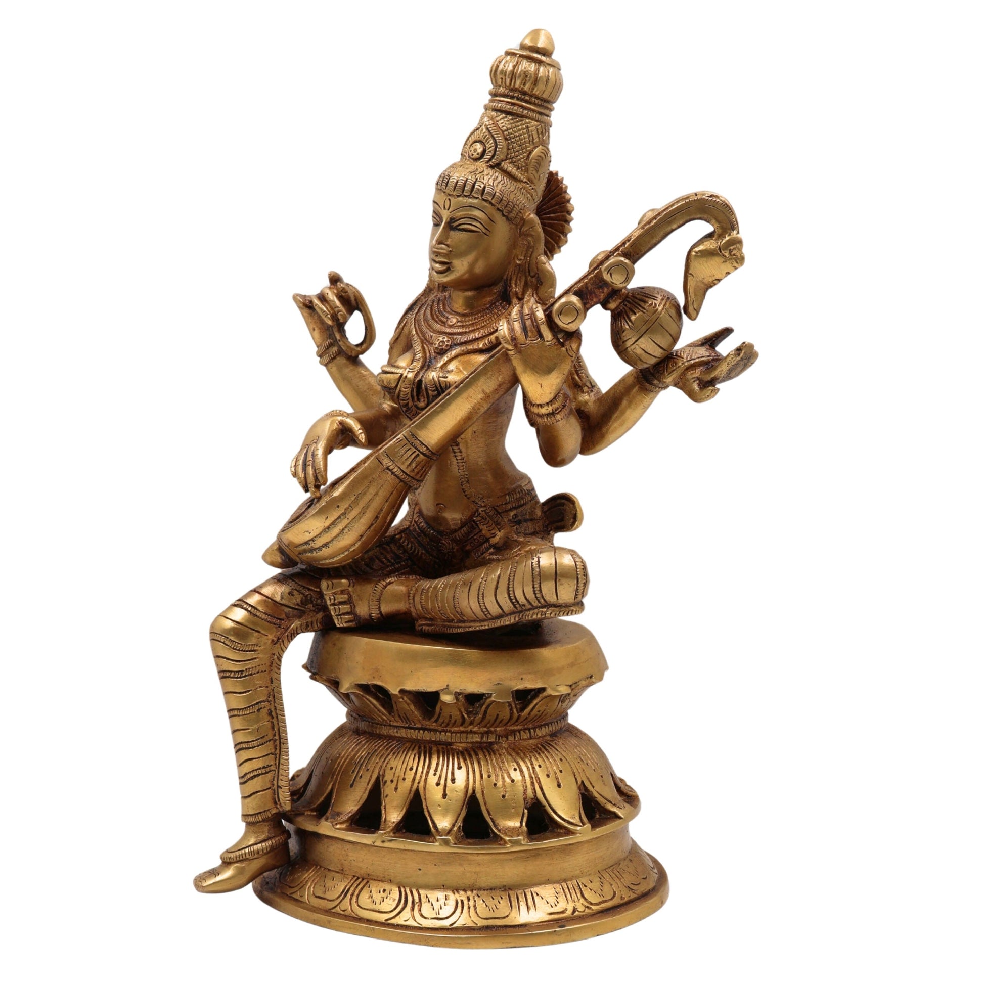Brass Saraswati Idol Murti, Maa Sharada Vagdevi Statue, Veena Pustak Dharini Murti, Hindu Goddess of Knowledge, Wisdom & Learning, Handmade Home, Temple & Office Decor, Gold, 13 Inch, 1 Piece