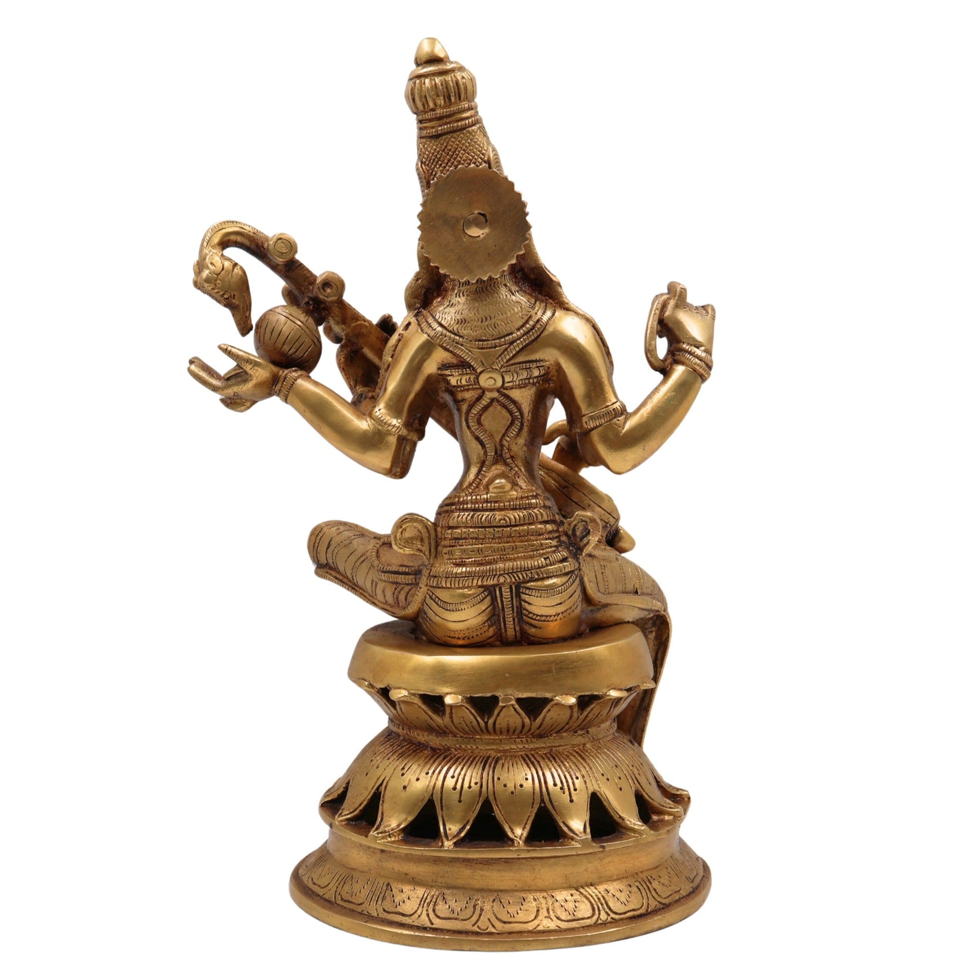 Brass Saraswati Idol Murti, Maa Sharada Vagdevi Statue, Veena Pustak Dharini Murti, Hindu Goddess of Knowledge, Wisdom & Learning, Handmade Home, Temple & Office Decor, Gold, 13 Inch, 1 Piece