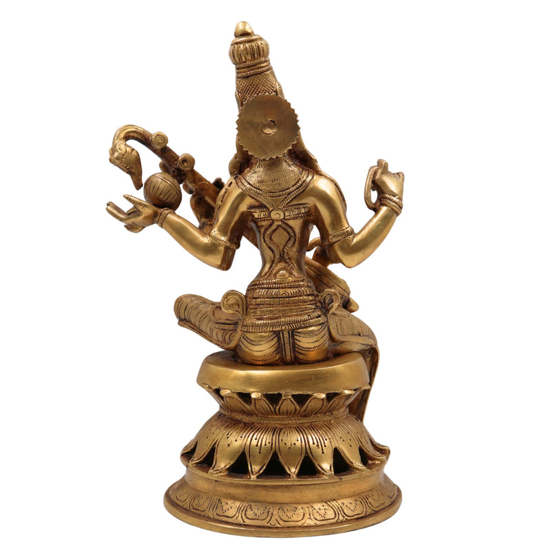 Brass Saraswati Idol Murti, Maa Sharada Vagdevi Statue, Veena Pustak Dharini Murti, Hindu Goddess of Knowledge, Wisdom & Learning, Handmade Home, Temple & Office Decor, Gold, 13 Inch, 1 Piece