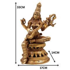 Brass Saraswati Idol Murti, Maa Sharada Vagdevi Statue, Veena Pustak Dharini Murti, Hindu Goddess of Knowledge, Wisdom & Learning, Handmade Home, Temple & Office Decor, Gold, 13 Inch, 1 Piece