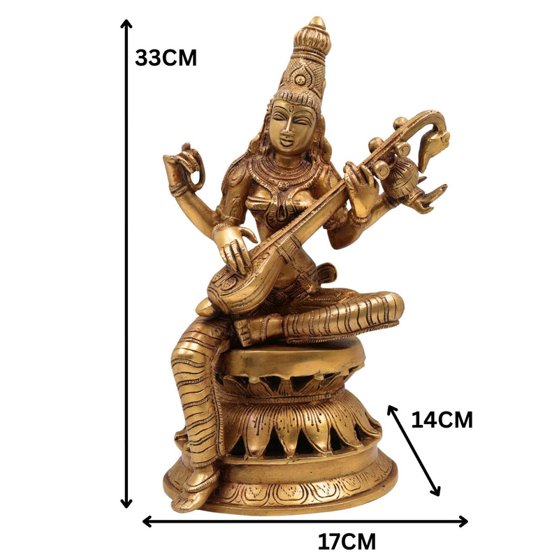 Brass Saraswati Idol Murti, Maa Sharada Vagdevi Statue, Veena Pustak Dharini Murti, Hindu Goddess of Knowledge, Wisdom & Learning, Handmade Home, Temple & Office Decor, Gold, 13 Inch, 1 Piece