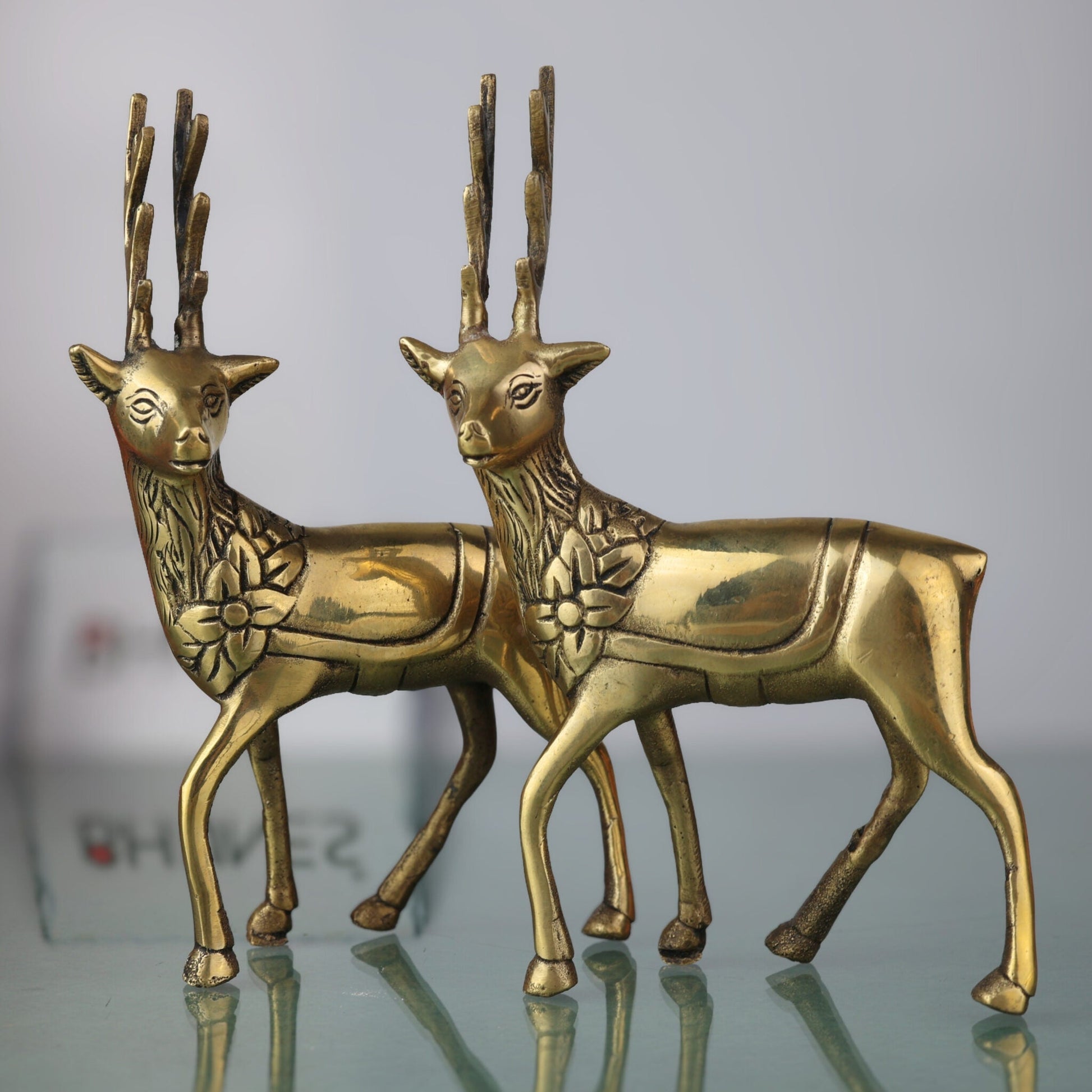 Brass Deer Idol Set of 2 | Mriga, Harin, Maan, Blackbuck Statues | Peetal, Pittal, Ashtadhatu Decorative Showpieces for Home & Temple, Gold, 7 Inch, 2 Piece
