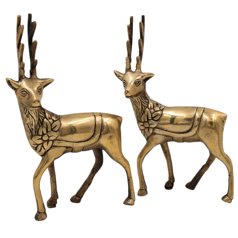 Brass Deer Idol Set of 2 | Mriga, Harin, Maan, Blackbuck Statues | Peetal, Pittal, Ashtadhatu Decorative Showpieces for Home & Temple, Gold, 7 Inch, 2 Piece
