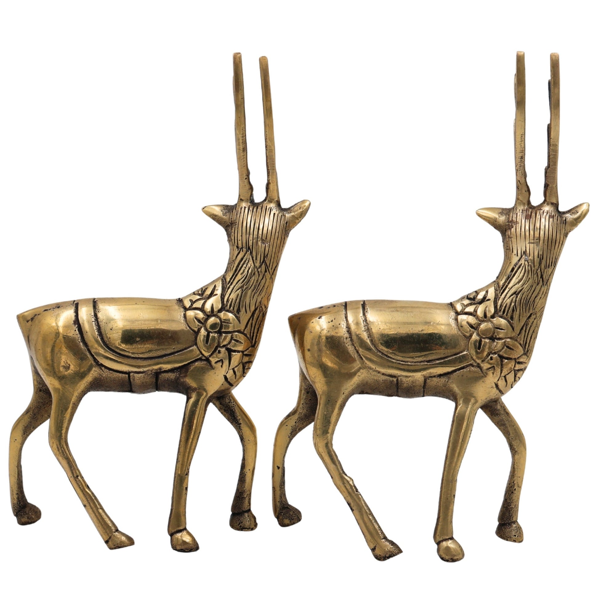 Brass Deer Idol Set of 2 | Mriga, Harin, Maan, Blackbuck Statues | Peetal, Pittal, Ashtadhatu Decorative Showpieces for Home & Temple, Gold, 7 Inch, 2 Piece