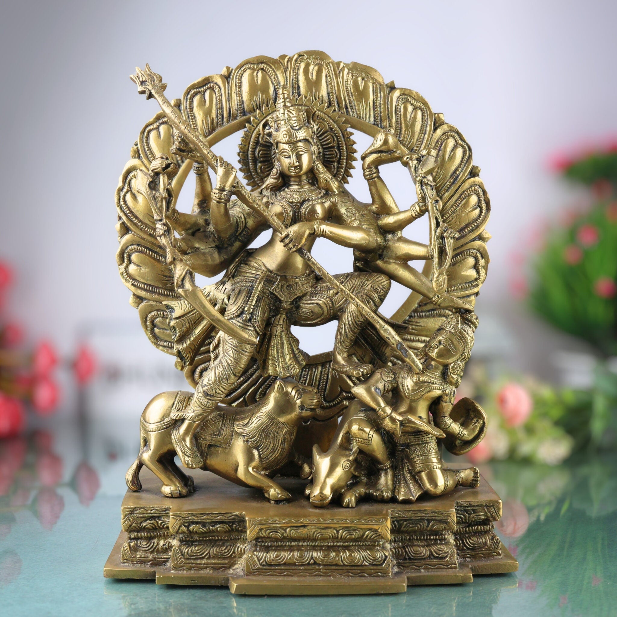 Brass Durga Devi Idol – Mahishasura Mardini | Shakti | Chamundeshwari | Vaishno Devi | Tulja Bhavani | Antique Pital Murti for Pooja & Home Decor, Gold, 13 Inch, 1 Piece