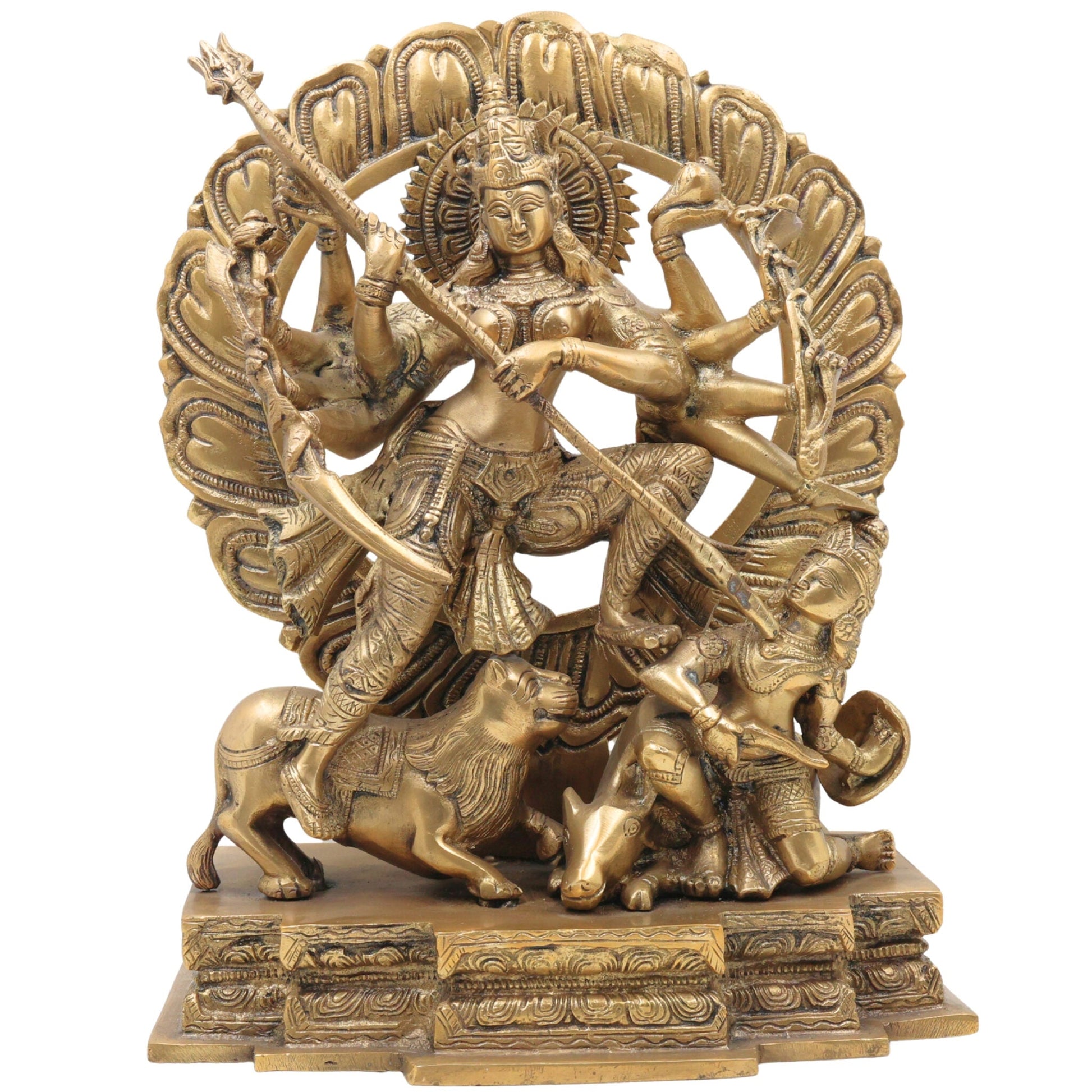 Brass Durga Devi Idol – Mahishasura Mardini | Shakti | Chamundeshwari | Vaishno Devi | Tulja Bhavani | Antique Pital Murti for Pooja & Home Decor, Gold, 13 Inch, 1 Piece