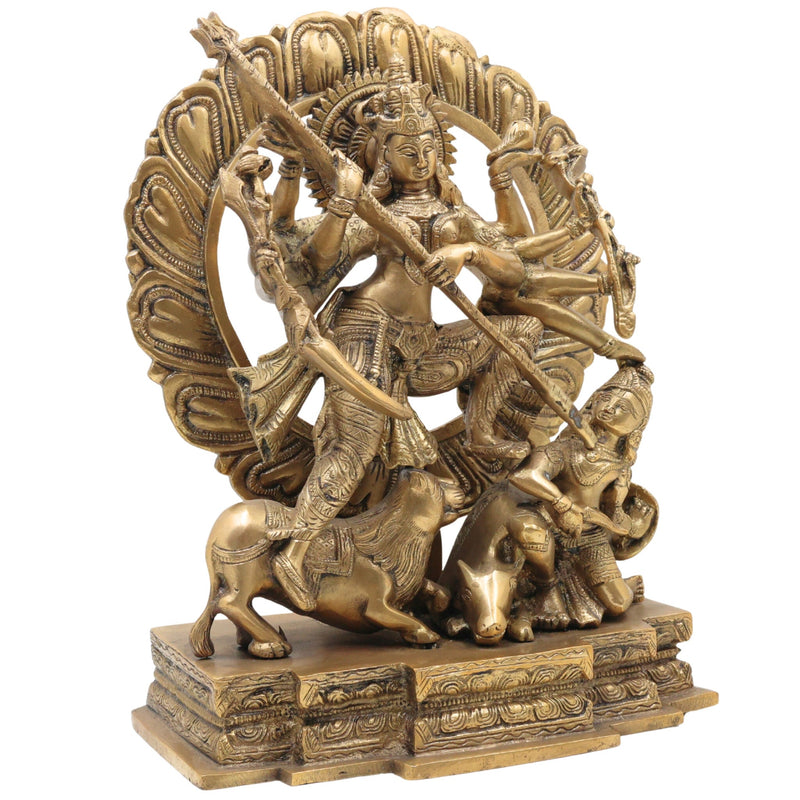 Brass Durga Devi Idol – Mahishasura Mardini | Shakti | Chamundeshwari | Vaishno Devi | Tulja Bhavani | Antique Pital Murti for Pooja & Home Decor, Gold, 13 Inch, 1 Piece